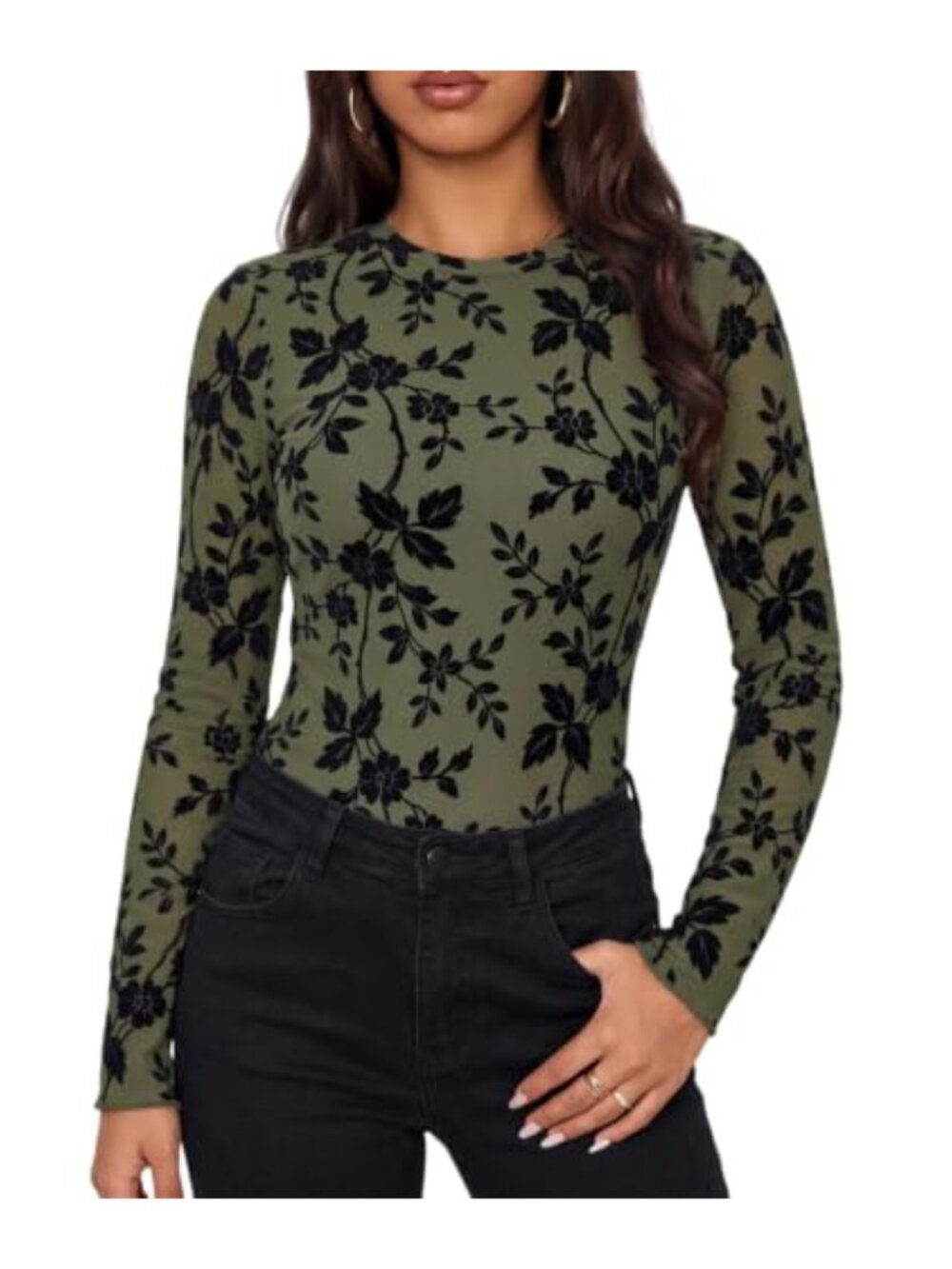 Women Floral Mesh Top Long Sleeve Fitted Dressy Layering Shirt